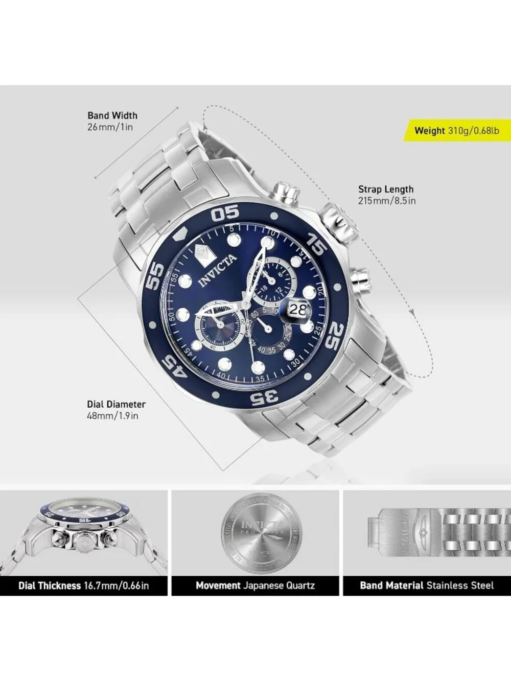 Men's Silver & Blue Pro Diver Collection Chronograph Stainless Steel Case Watch